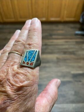 Turquoise and Coral Inlay Geometric Statement Ring